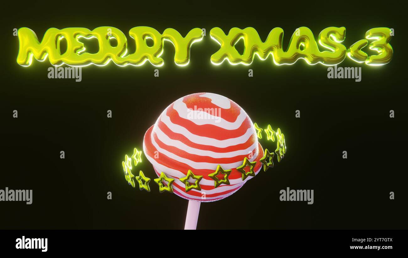 Abstrakte horizontale 3D-Infografik-Hintergründe Sterne Lutscher gestreifter Zuckerrohr Silvester Merry Christmas Festveranstaltung Spirale rundes Textschild Stockfoto
