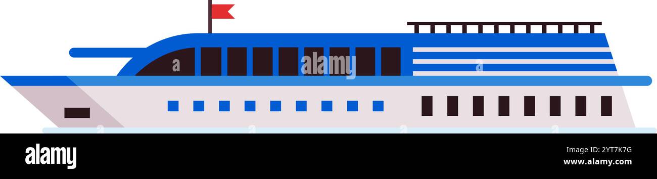 Große, moderne Passagierfähre, die über ruhige Gewässer segelt und oben eine leuchtende rote Flagge zeigt. Mit einem eleganten Blau-weiß-Design, Presen Stock Vektor