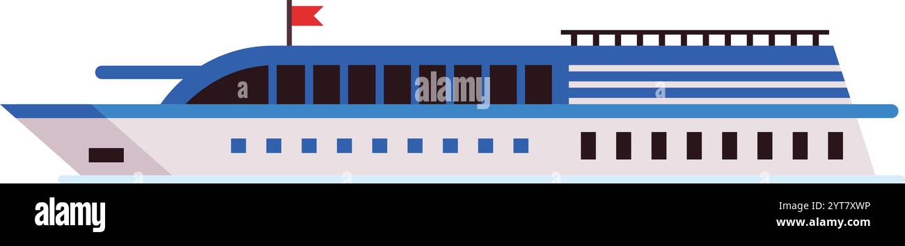 Große, moderne Passagierfähre, die über ruhige Gewässer segelt und oben eine leuchtende rote Flagge zeigt. In elegantem Blau-weiß-Design Stock Vektor