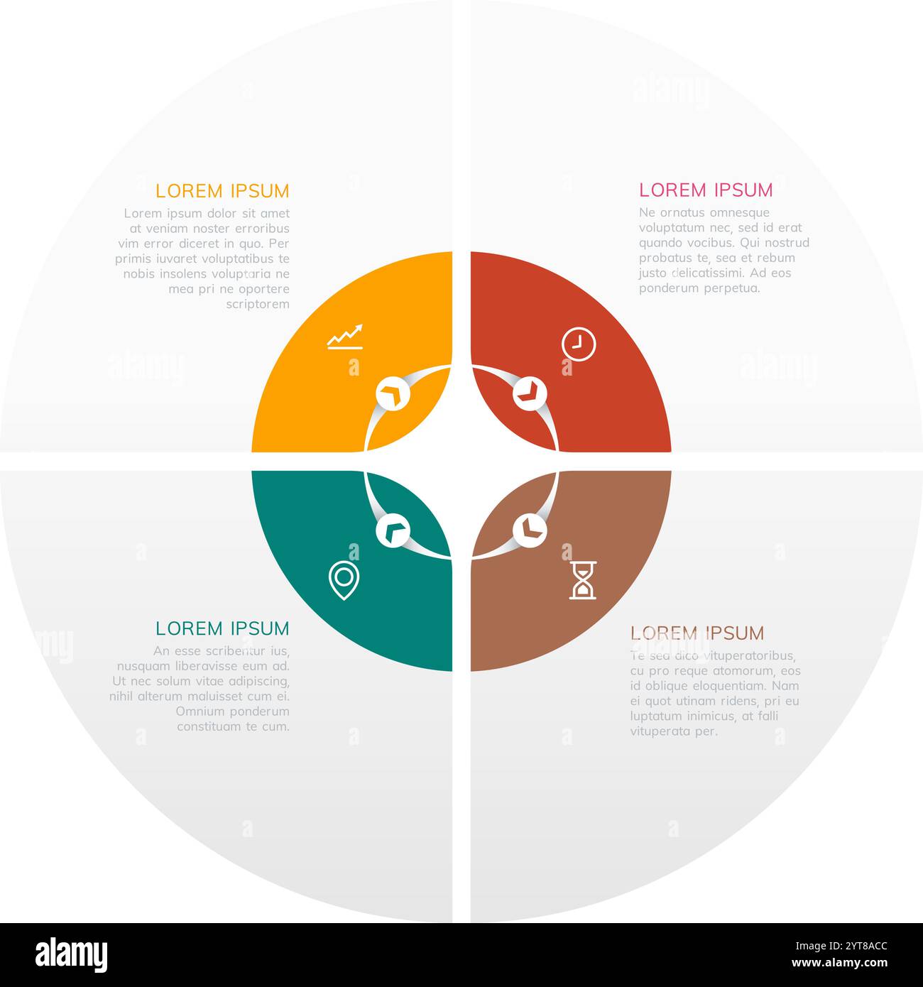 Diese farbenfrohe, kreisförmige Infografik präsentiert Daten, die in vier verschiedene Abschnitte unterteilt sind, von denen jeder eindeutige Symbole und begleitende Textbeschreibungen enthält Stock Vektor