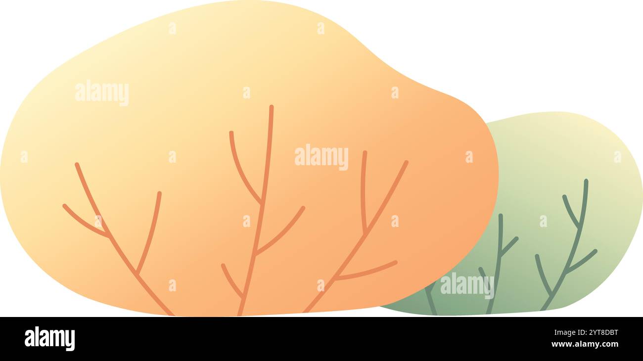 Zwei abstrakte Büsche wachsen nebeneinander, mit Zweigen, die mit weichen Farbverläufen verziert sind. Diese einfache und stilisierte Naturszene weckt einen Sinn Stock Vektor