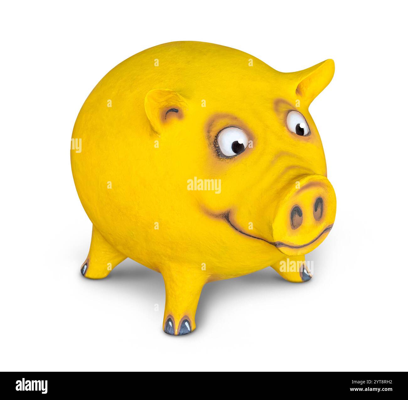 Die Figur eines lustigen gelben Schweins, von mir gemacht, in weißem Rücken mit Schatten Stockfoto