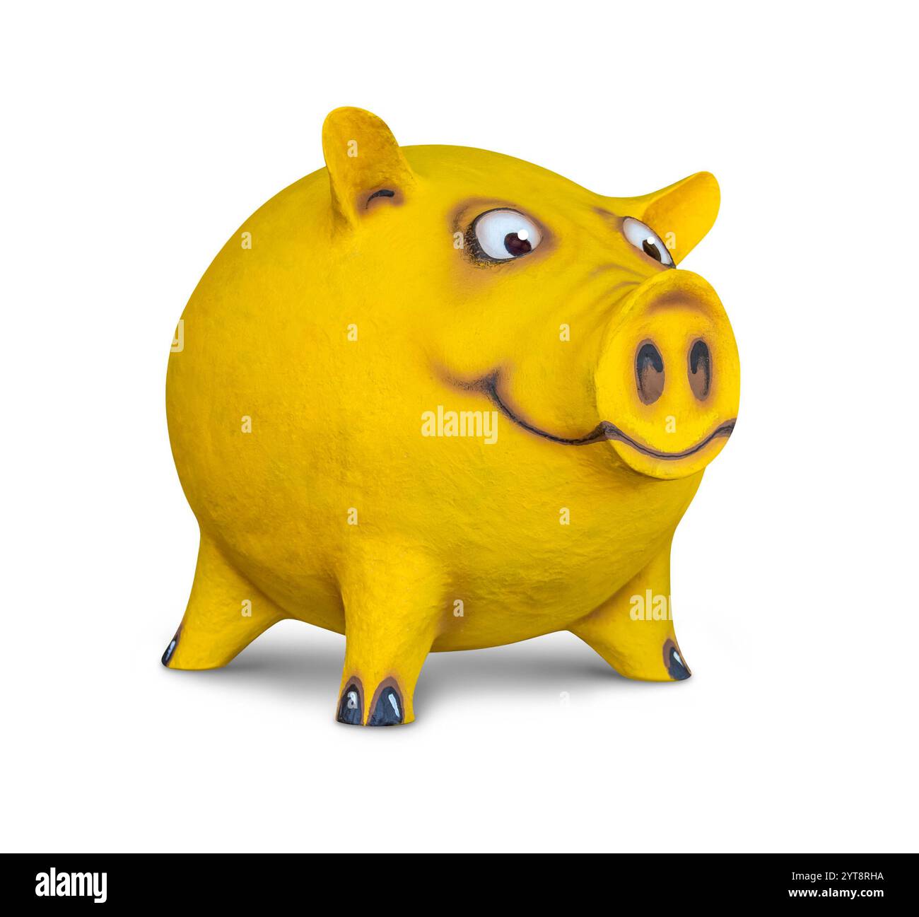 Die Figur eines lustigen gelben Schweins, von mir gemacht, in weißem Rücken mit Schatten Stockfoto