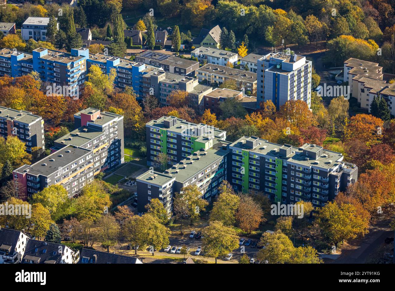 Luftaufnahme, Studentenwohnheime und Hochhäuser an der Markstraße, Querenburg, Bochum, Ruhrgebiet, Nordrhein-Westfalen, Deutschland Stockfoto