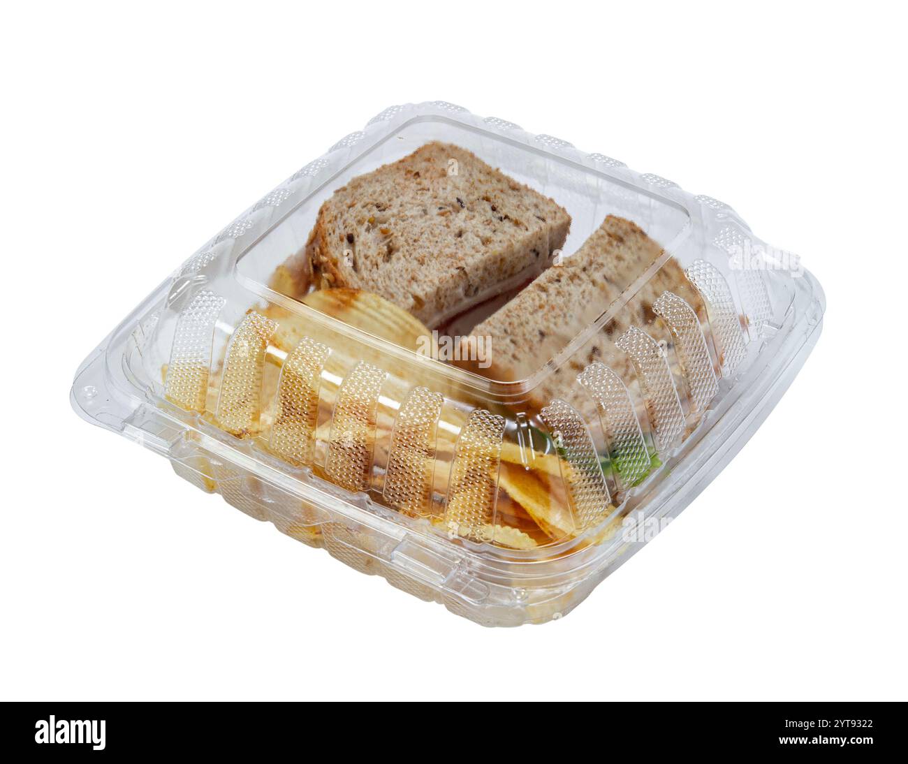 Durchsichtiger Plastikbehälter zum Herausnehmen mit Mittagessen Sandwich, Chips Stockfoto