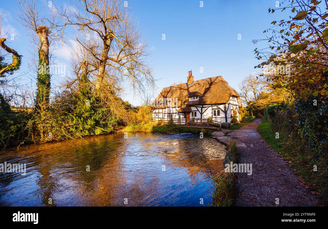 Fulling Mill, ein Fachwerkhaus aus dem 13. Jahrhundert am Fluss Arle im Arle Valley in der Nähe des Dorfes New Alresford, Hampshire Stockfoto