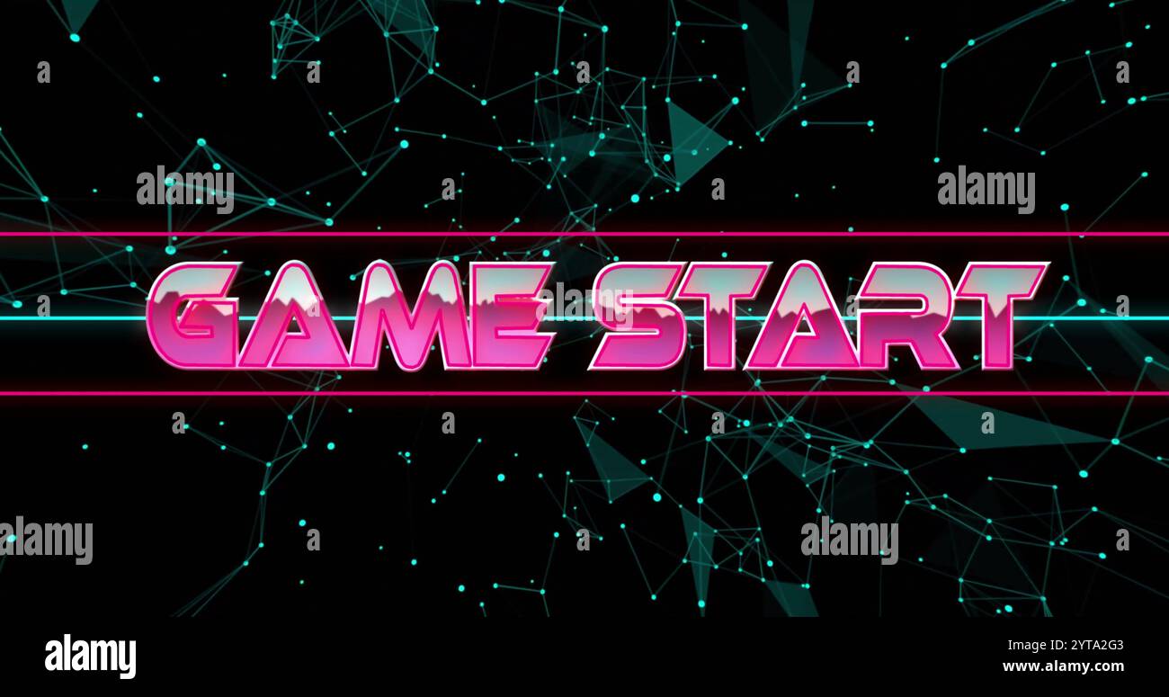 Game Start Textbild über digitale Netzwerkverbindungen auf dunklem Hintergrund Stockfoto