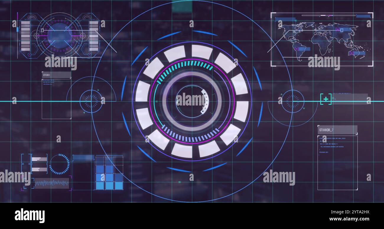 Verarbeitung futuristischer Daten, digitale Schnittstelle mit kreisförmigem Bild und Rasterelementen Stockfoto