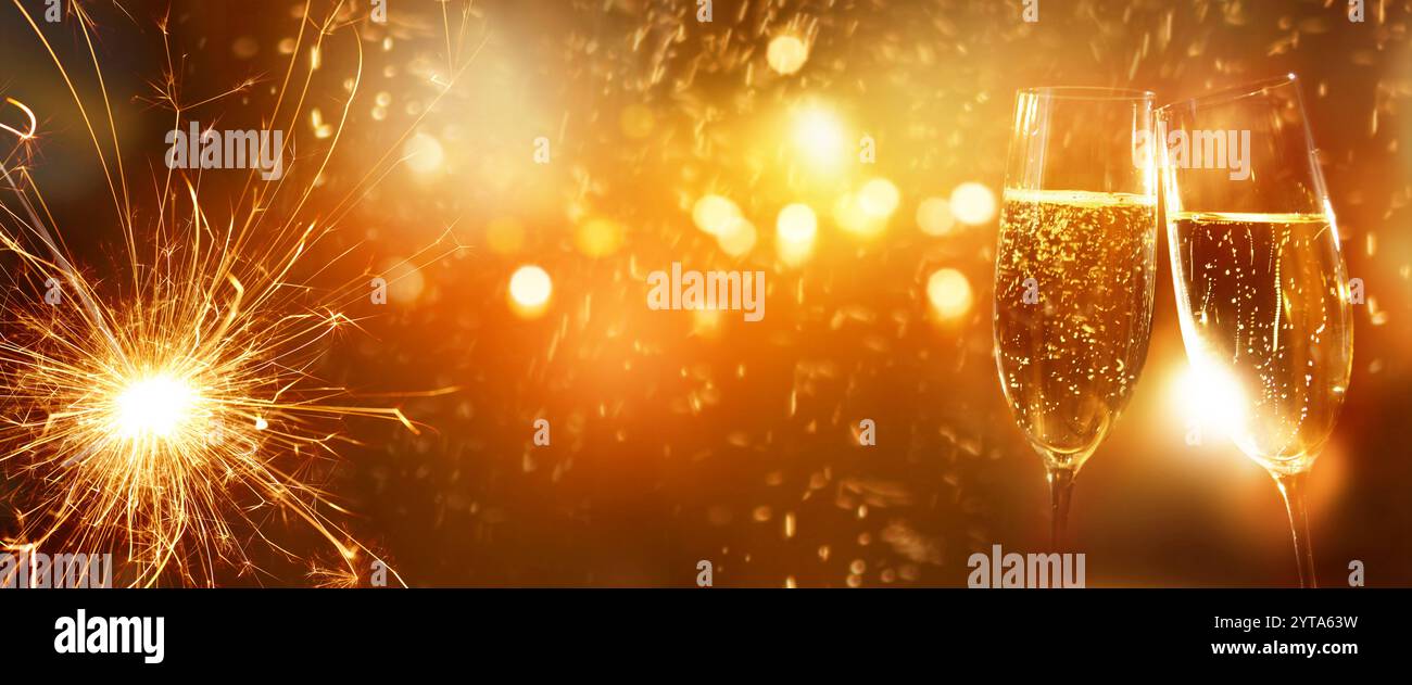 Silvester Champagner mit Feuerwerk im Hintergrund für Neujahrs Grüße Stockfoto