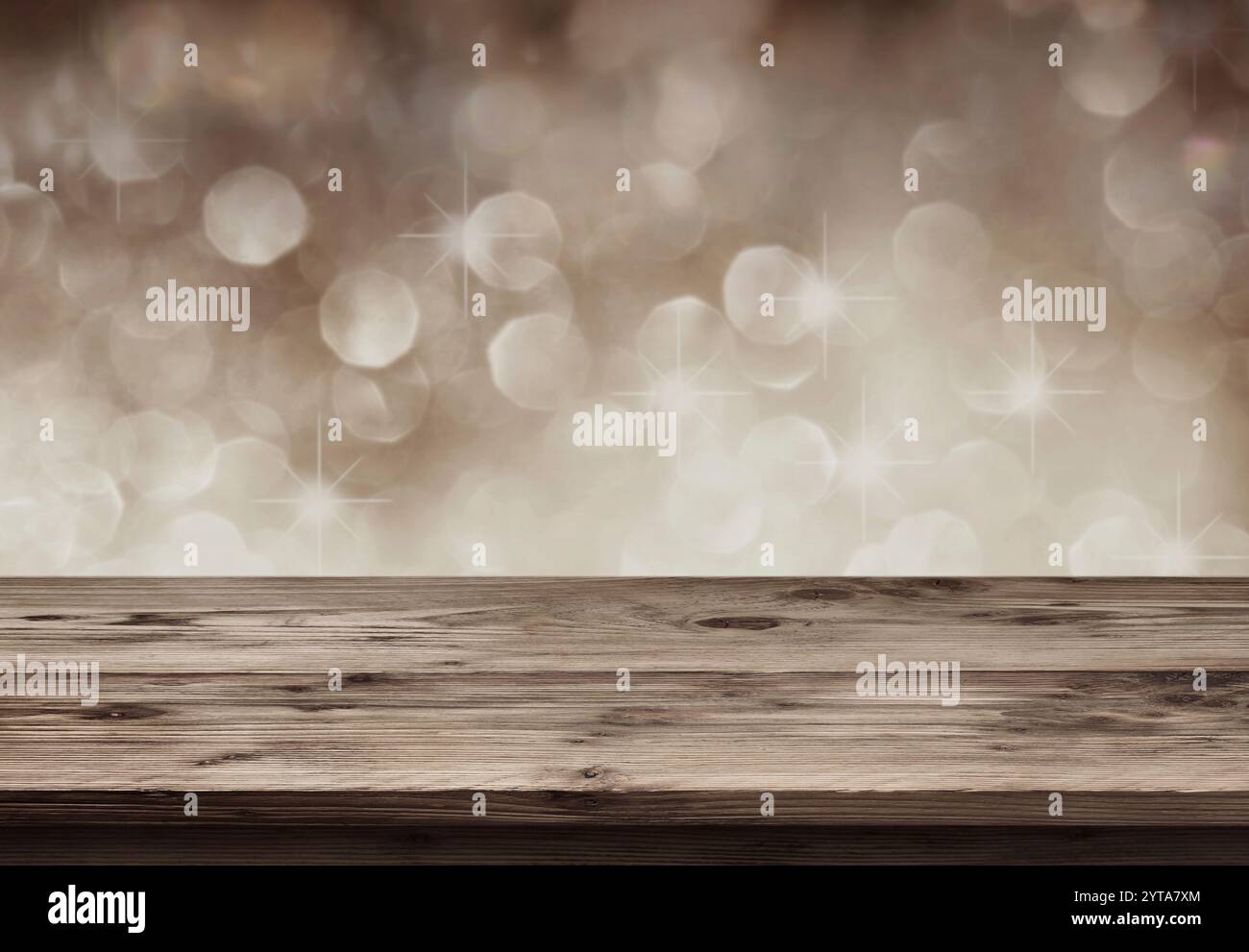 Festliche Hintergrund in Pastelltönen mit Stars und Bokeh vor einem leeren Tisch für ein Konzept Stockfoto