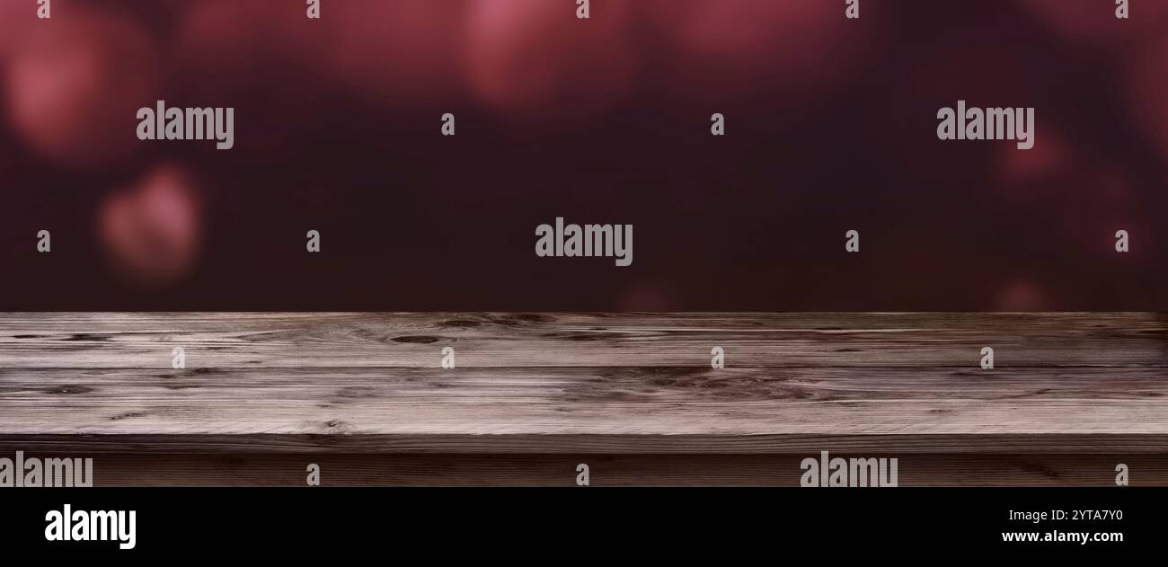 Valentine Panorama, mit rosa leuchtet vor einem leeren Tisch für ein Konzept Stockfoto