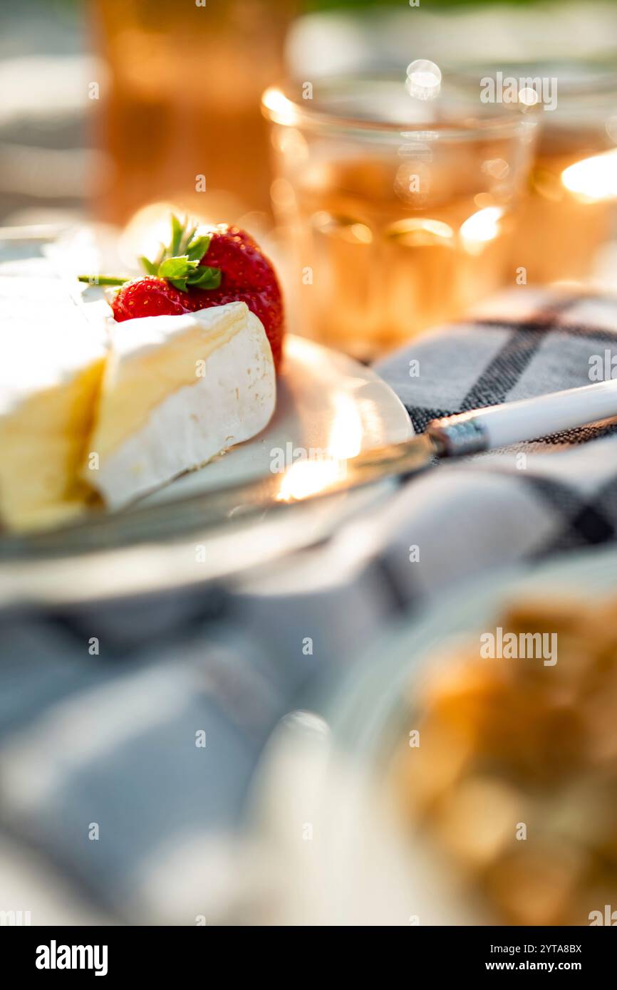 Delikater Camembertkäse und gekühlter Rosenwein bei einem Sommer-Picknick. Vertikale Nahaufnahme mit kurzer Schärfentiefe. Stockfoto