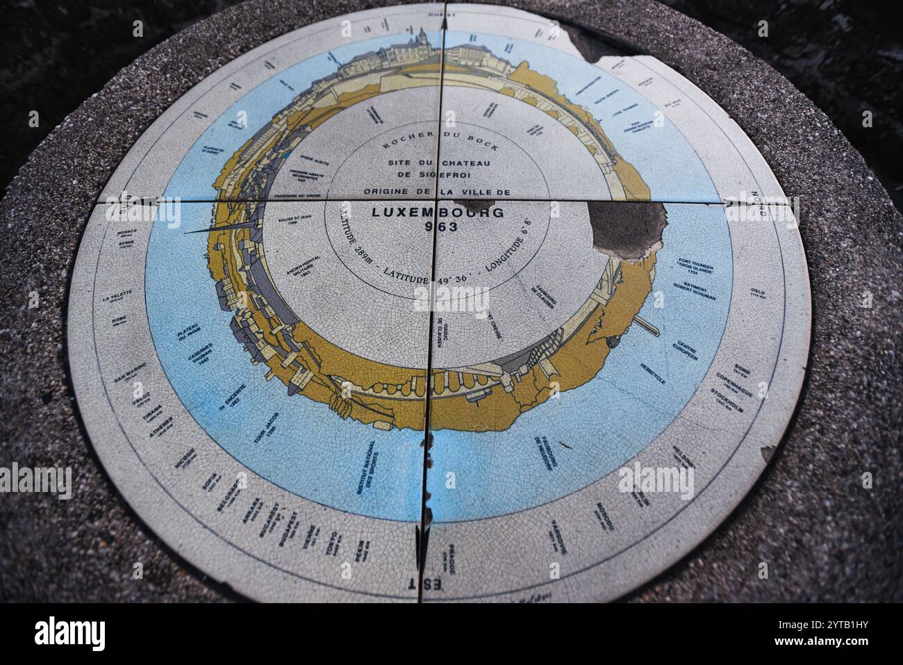 Keramikdiagramm der Gründungsstätte Luxemburgs in der Nähe der Bock-Kasematten - Luxemburg-Stadt Stockfoto