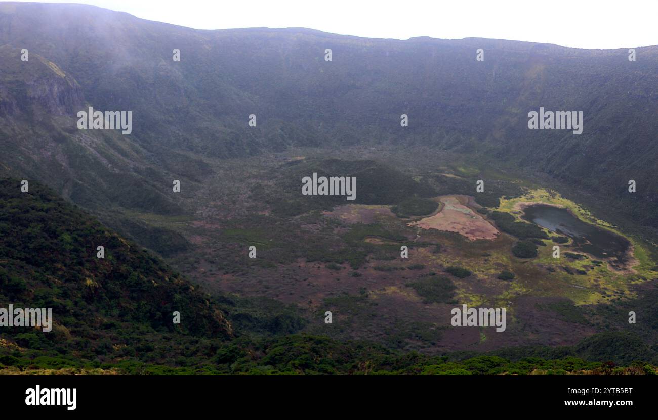 Der CALDEIRA-Krater auf Faial Island, Azoren, bietet eine atemberaubende vulkanische Landschaft mit üppiger Vegetation, dramatischen Klippen und einer ruhigen, unberührten Atmosphäre. Stockfoto