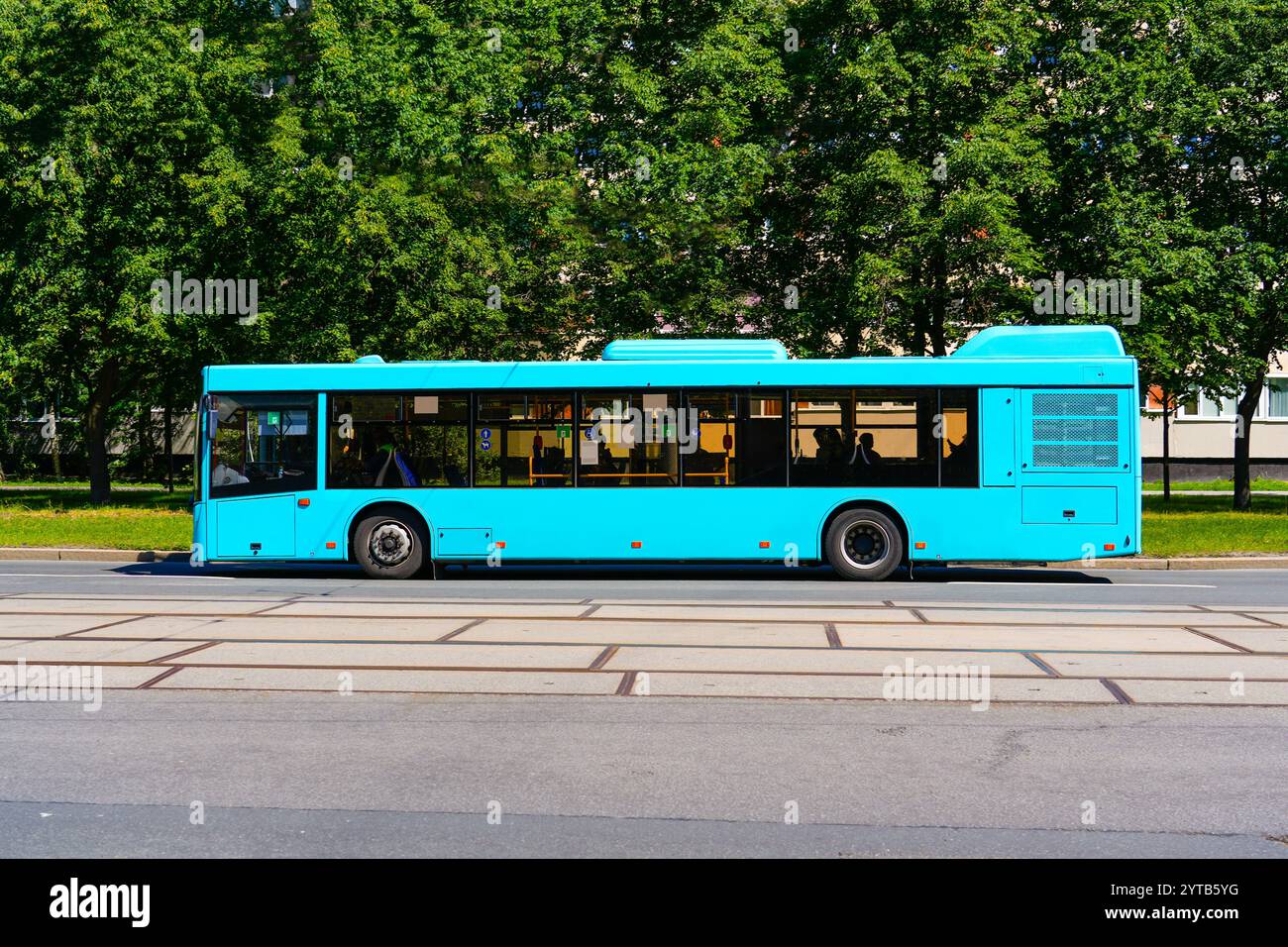 Blick auf den blauen Bus auf der Straße in der grünen Bäume der Stadt. Stockfoto