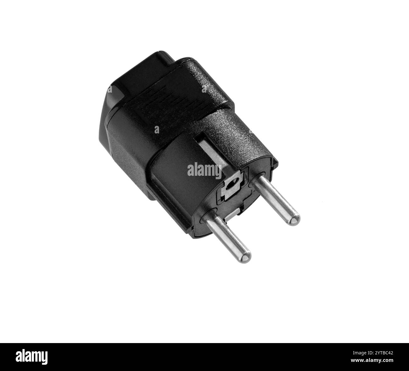 Elektrostecker isoliert auf weißem Hintergrund. Nahaufnahme des schwarzen elektrischen Steckers Stockfoto