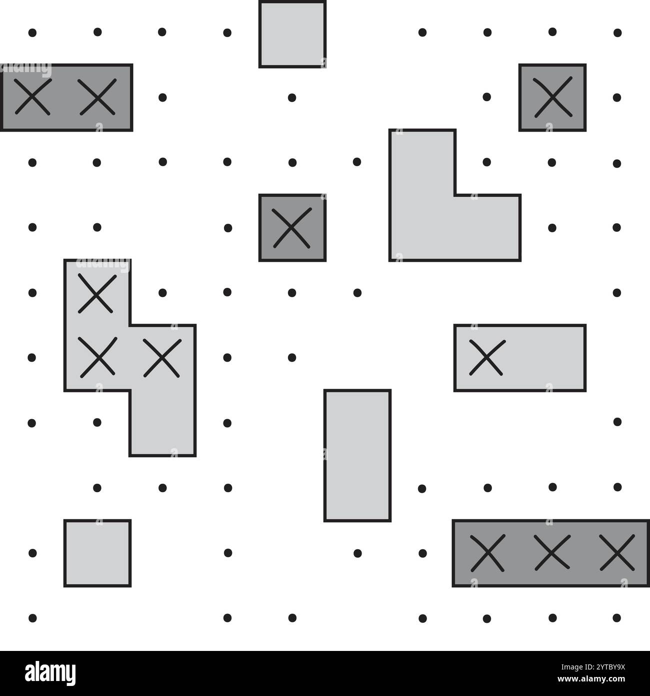 Nahtloses Muster für Schlachtschiff-Spiele. Rechtecke, Kreuze und Punkte mit gleichmäßigem Abstand. Stock Vektor