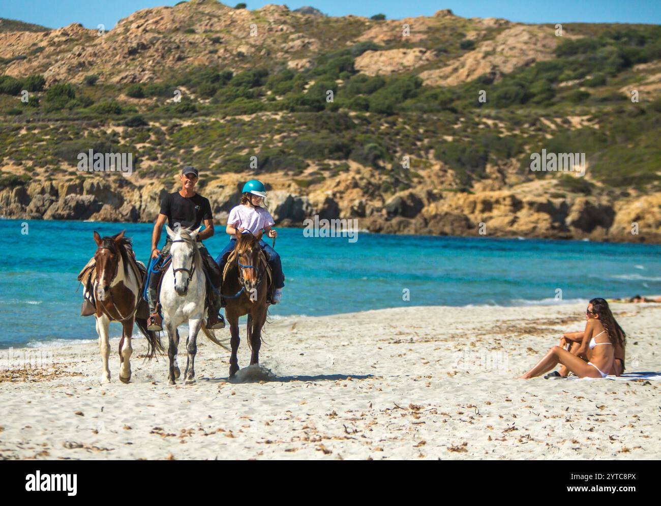 FRANKREICH. HAUTE-CORSE (2B) AGRIATES WÜSTE. REITEN IM ARBO VALLEY EQUESTRIAN CLUB IN DER NÄHE DES OSTRICONI STRANDES. Stockfoto