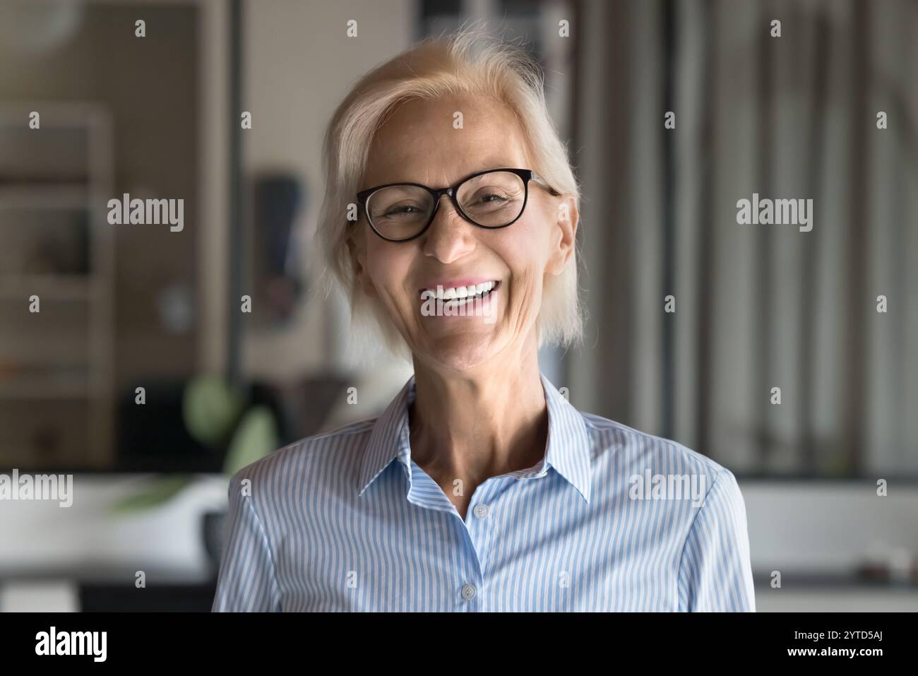 Lächelnde, ältere Frau, Firmenkopfaufnahme des Büroporträts Stockfoto