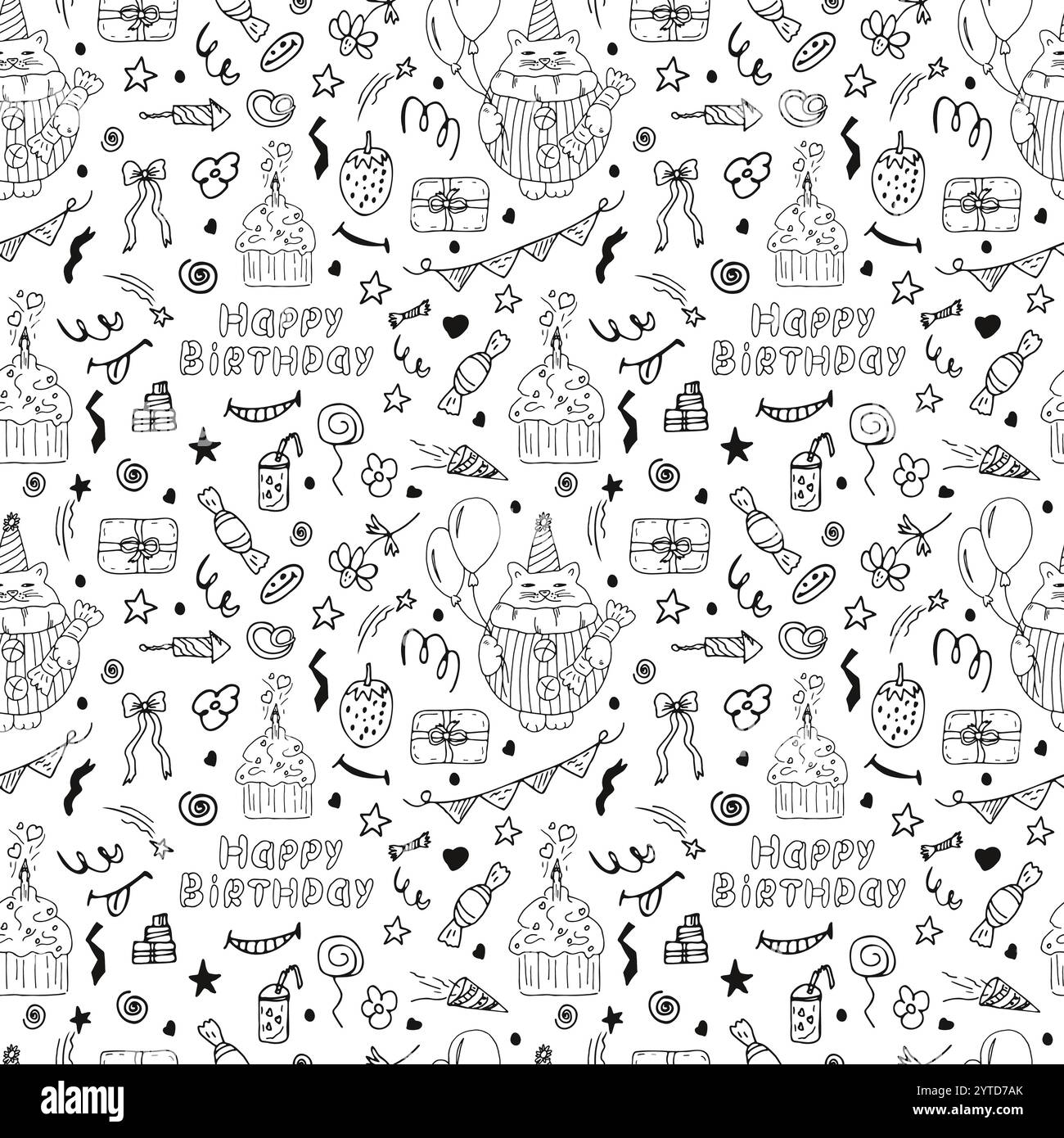 Nahtloses Geburtstagsmuster im Doodle-Stil. Zeichentrickkatze, Ballons, Kuchen, Inschrift. Hintergrund für Geschenkpapier, Geschenke und Kindertextilien. Stock Vektor