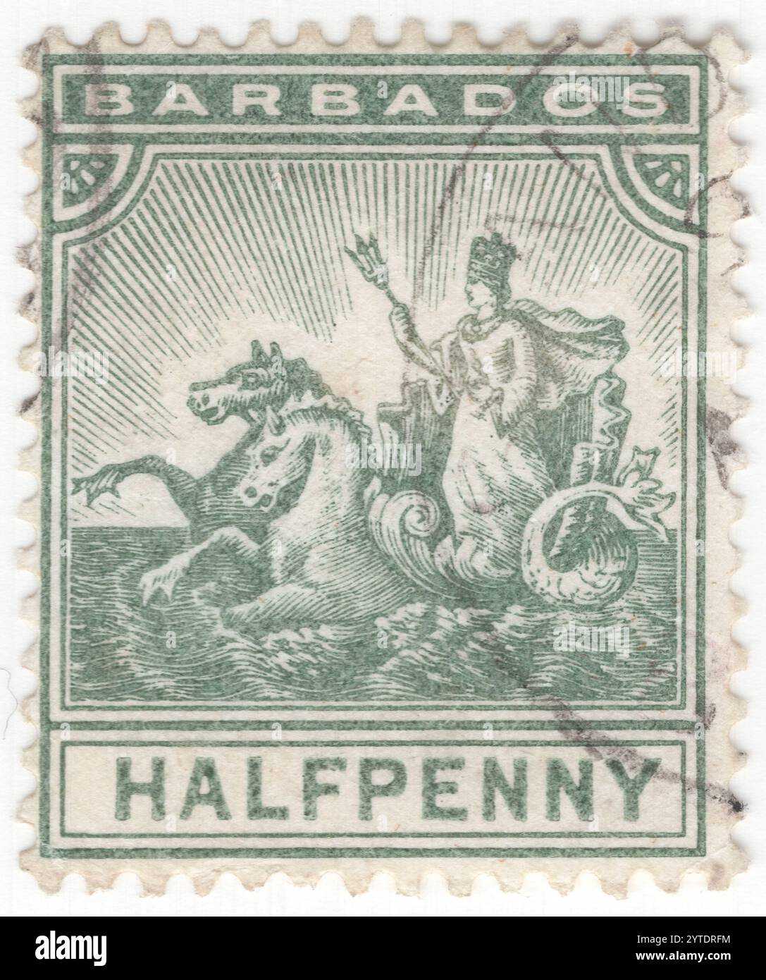 BARBADOS - 1892. Juli: ½ Pence grüne Briefmarke mit dem Abzeichen der Kolonie Barbados. Das Siegel der Kolonie zeigt die Herrscherin (Königin Victoria) in einem Seepferdchen-gezogenen Auto. Das Bild war das einer gekrönten Königin mit Kugel und Dreizack, die offensichtlich Victoria während ihrer Regierungszeit repräsentierte. Das Abzeichen blieb bis 1966 in Gebrauch, als eine neue Flagge für die Unabhängigkeit angenommen wurde. Barbados ist ein Inselstaat und Mikrostaat auf den Kleinen Antillen der Westindischen Inseln, der östlichsten der Karibikinseln. Sie liegt an der Grenze der südamerikanischen und der Karibischen Platte mit der Hauptstadt Bridgetown Stockfoto