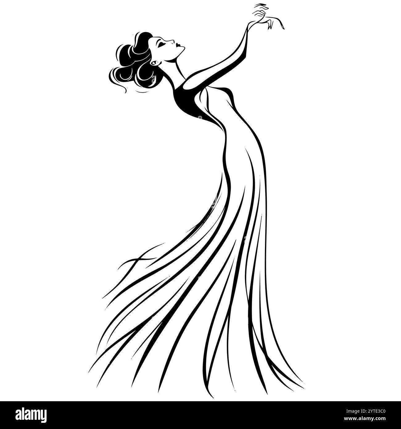 Elegante Frau in fließendem Kleid mit künstlerischen Linien und anmutiger Haltung, minimalistische Schwarz-weiß-Illustration Stock Vektor