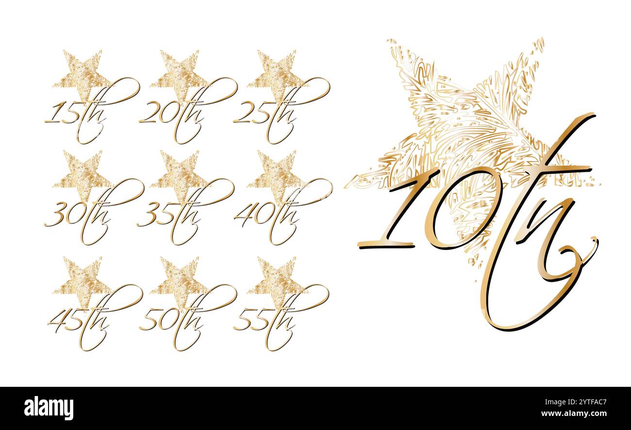 Elegante Kupfer- und braune Jubiläumslogos, die 15- bis fünfundfünfzigsten und siebzigsten Jahrestag feiern Stock Vektor