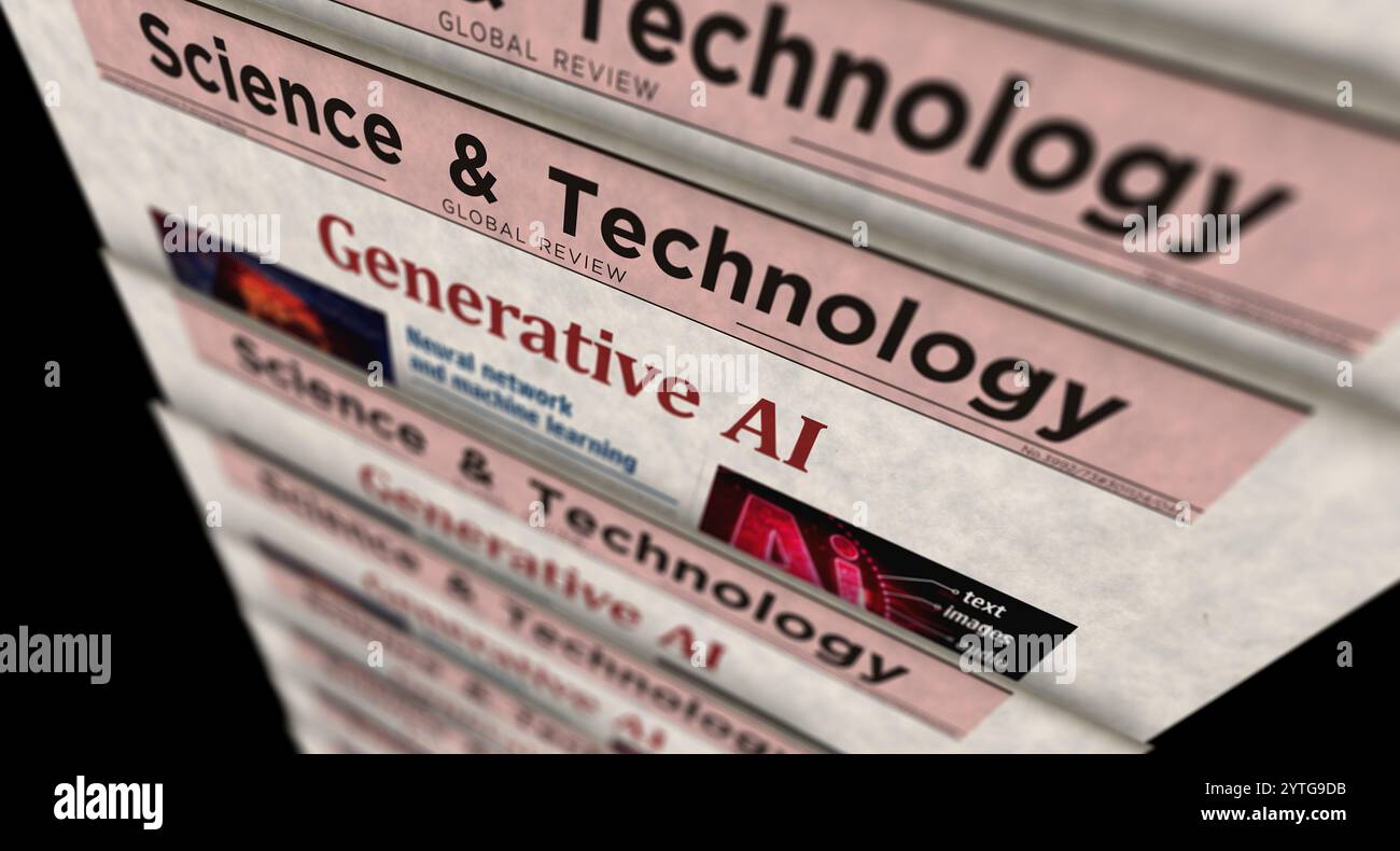 Generative KI künstliche Intelligenz Vintage News und Zeitungsdruck. Abstraktes Konzept Retro-Schlagzeilen 3D-Illustration. Stockfoto