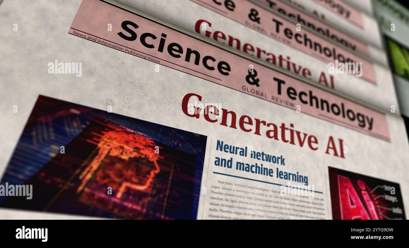 Generative KI künstliche Intelligenz Vintage News und Zeitungsdruck. Abstraktes Konzept Retro-Schlagzeilen 3D-Illustration. Stockfoto