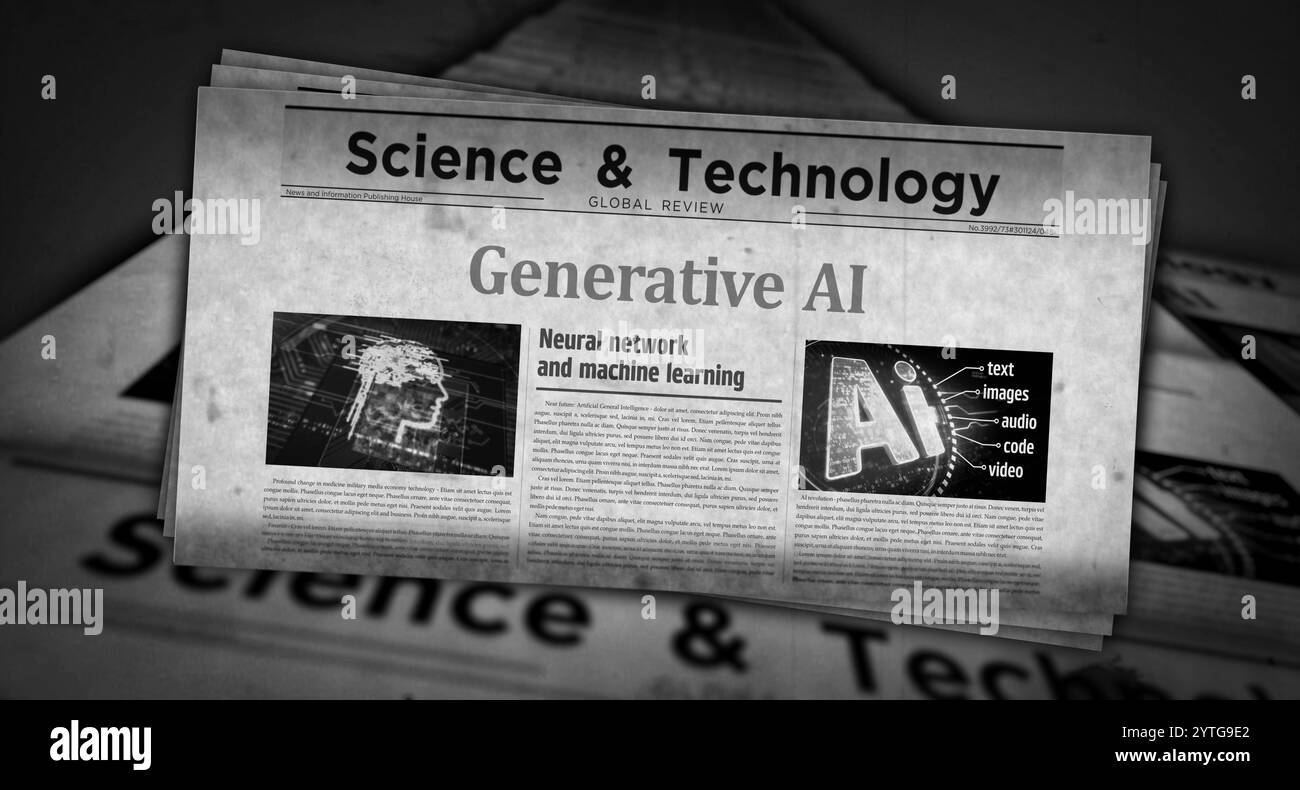Generative KI künstliche Intelligenz Vintage News und Zeitungsdruck. Abstraktes Konzept Retro-Schlagzeilen 3D-Illustration. Stockfoto