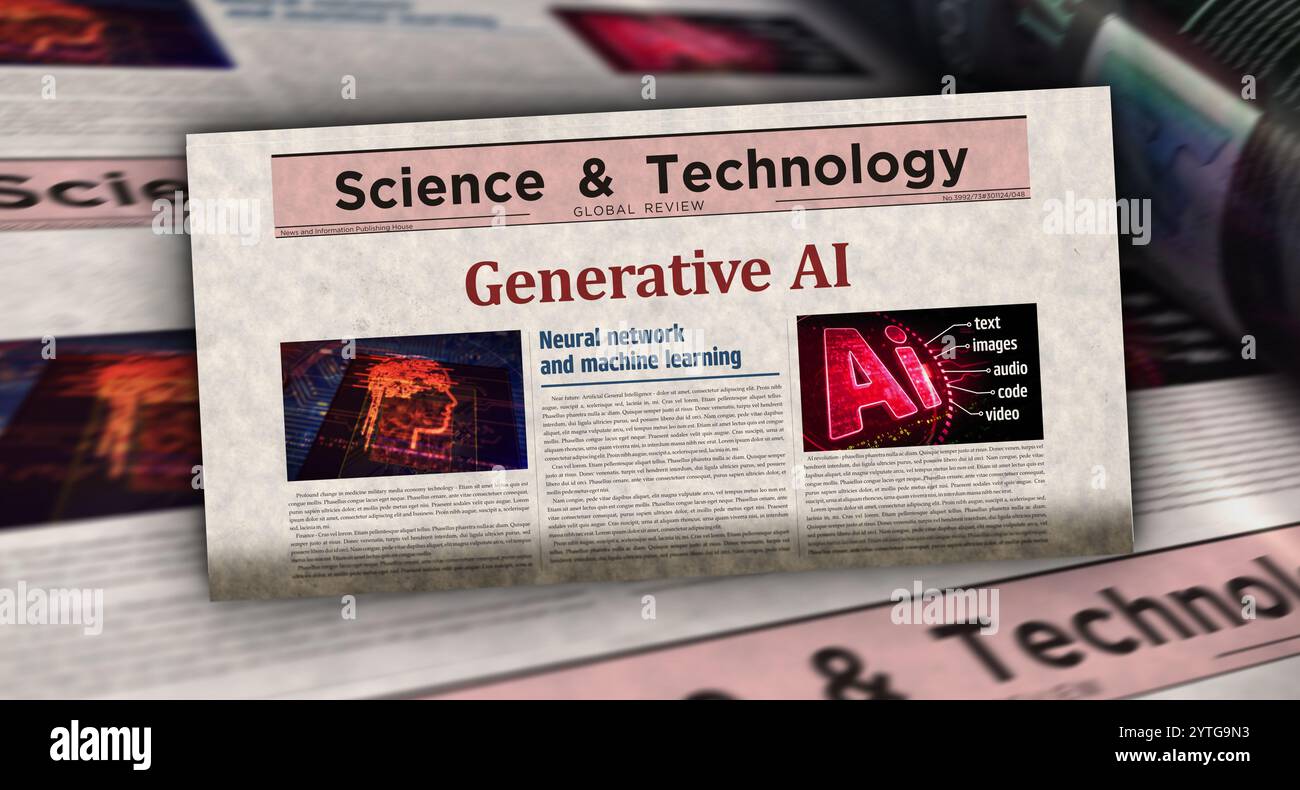 Generative KI künstliche Intelligenz Vintage News und Zeitungsdruck. Abstraktes Konzept Retro-Schlagzeilen 3D-Illustration. Stockfoto