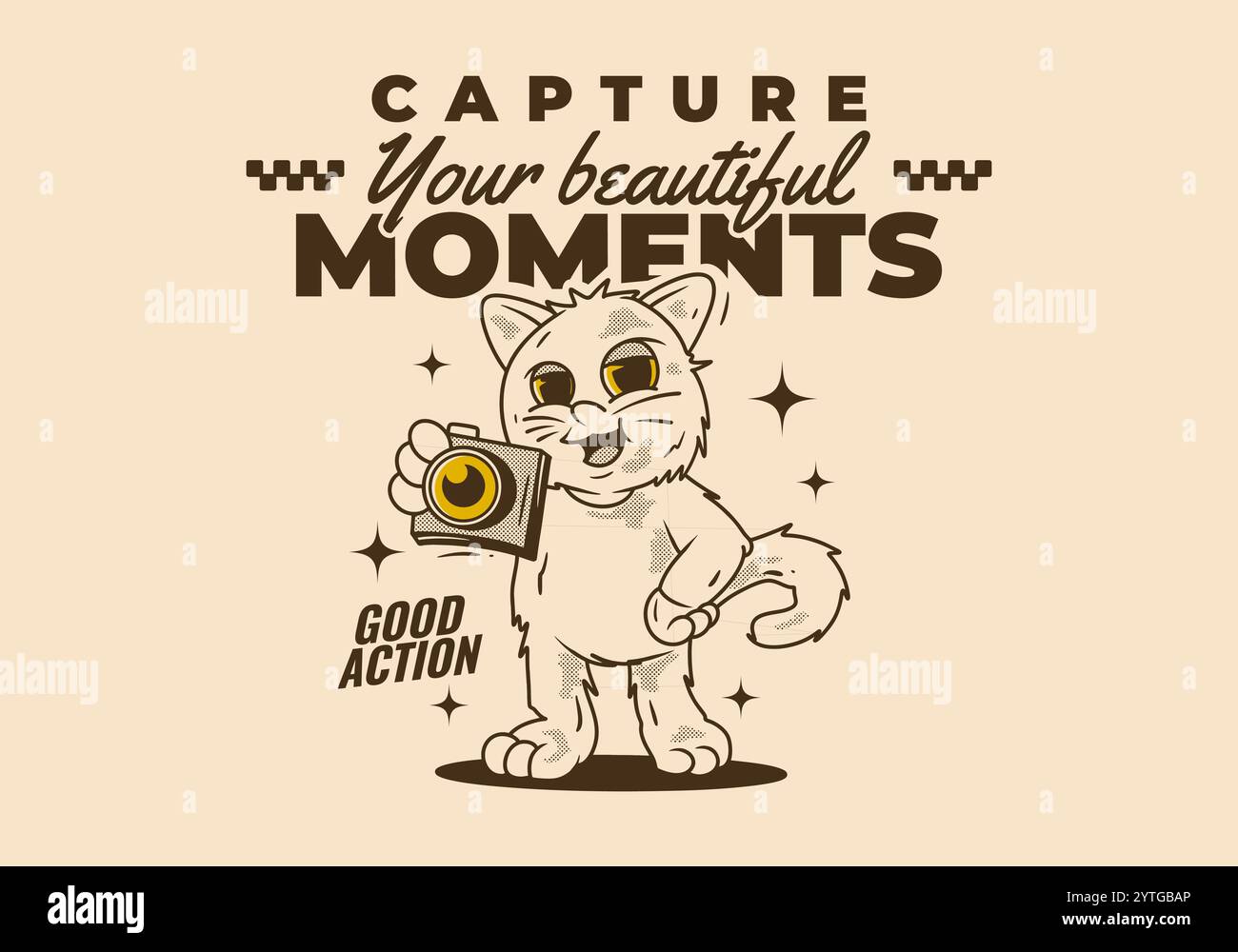 Halten Sie Ihren schönen Moment fest. Vintage Maskottchen Charakter einer stehenden Katze, die eine Taschenkamera hält Stock Vektor Halten Sie Ihren schönen Moment fest. Vintage Maskottchen Charakter einer stehenden Katze, die eine Taschenkamera hält Stock Vektor