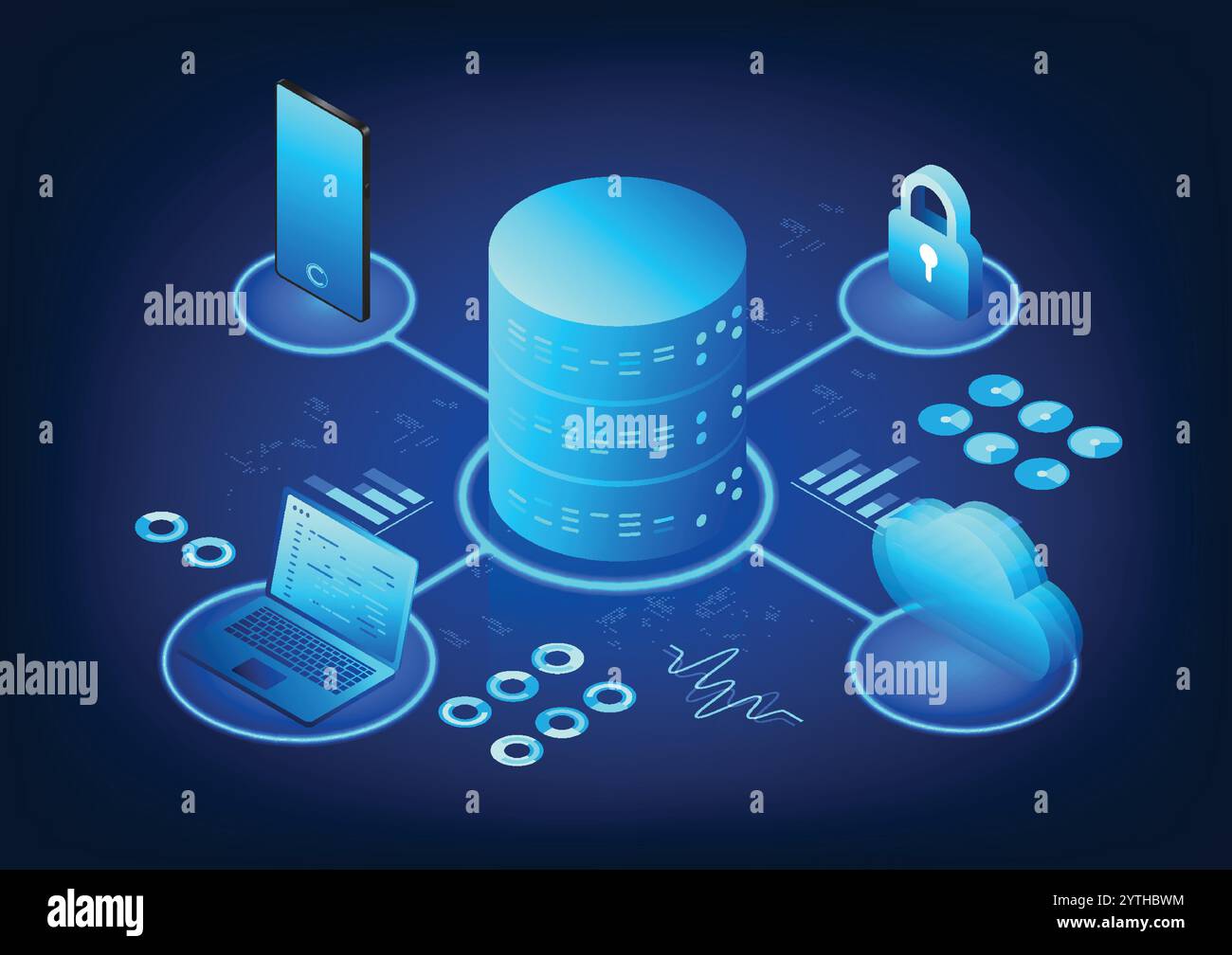 Servertechnologie, die mit der Cloud verbunden ist, mit Notebooks und Mobiltelefonen, ermöglicht Datenverarbeitung, Online-Speicherung und IoT-Betrieb, geeignet für Stock Vektor