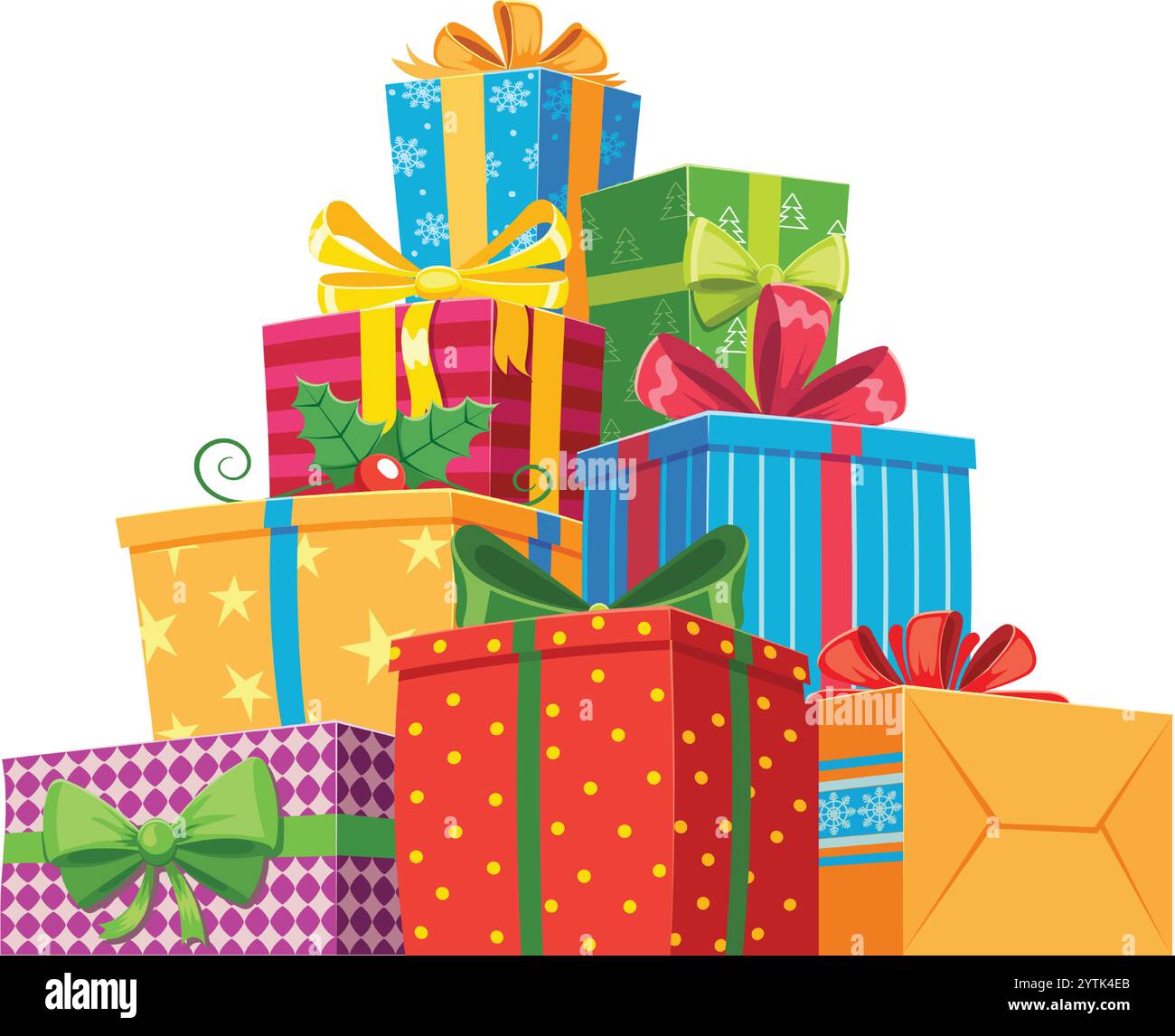 Leuchtende Farben und festliche Muster füllen einen wunderschönen Haufen weihnachtsgeschenke, gewickelt in fröhliches Papier, das mit Bändern und Schleifen verziert ist Stock Vektor