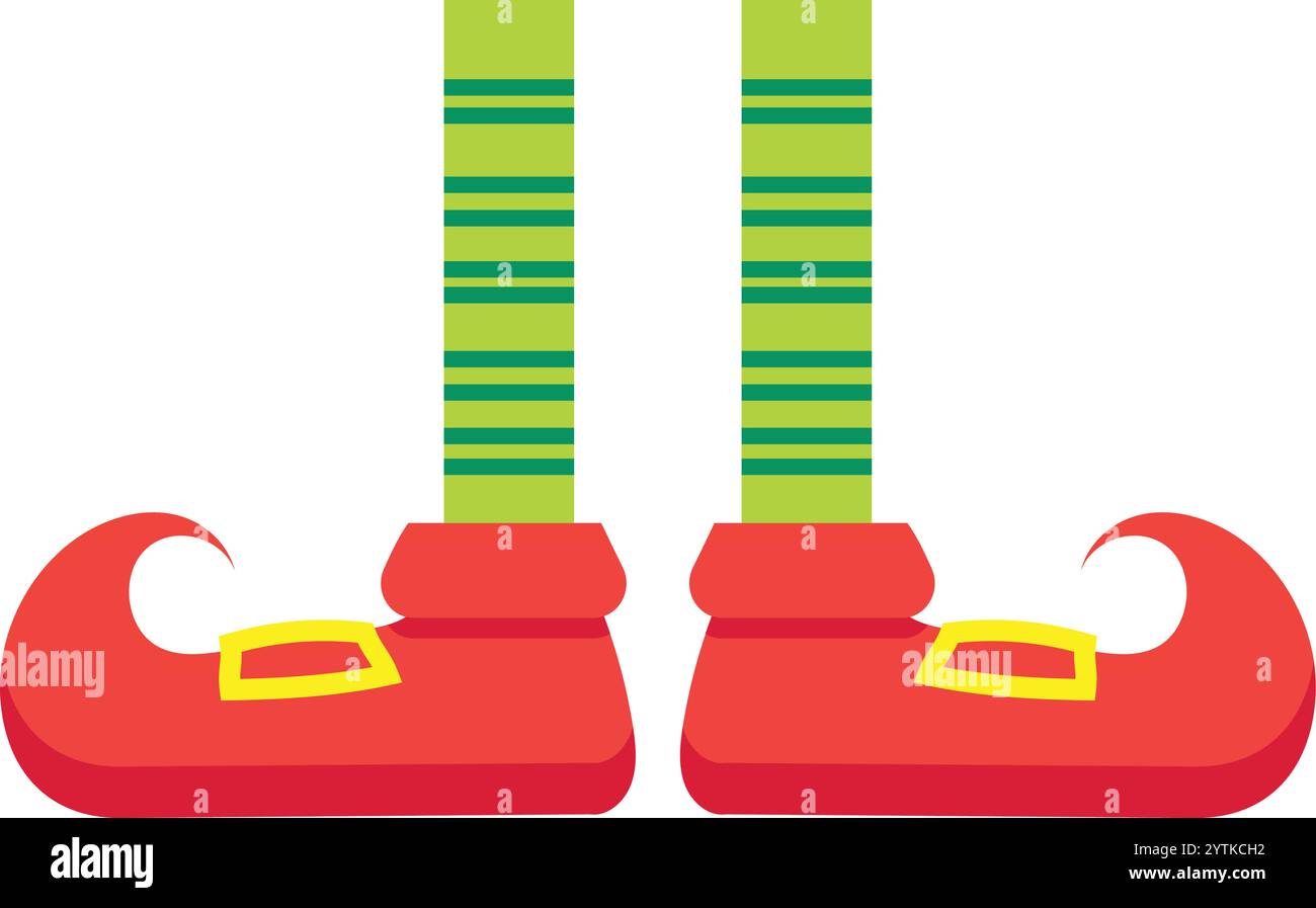 Weihnachtselfenbeine in grün und rot gestreiften Strümpfen und gelockte Zehenschuhe mit goldenen Schnallen sind eine festliche Ergänzung zur Weihnachtsdekoration und Stock Vektor