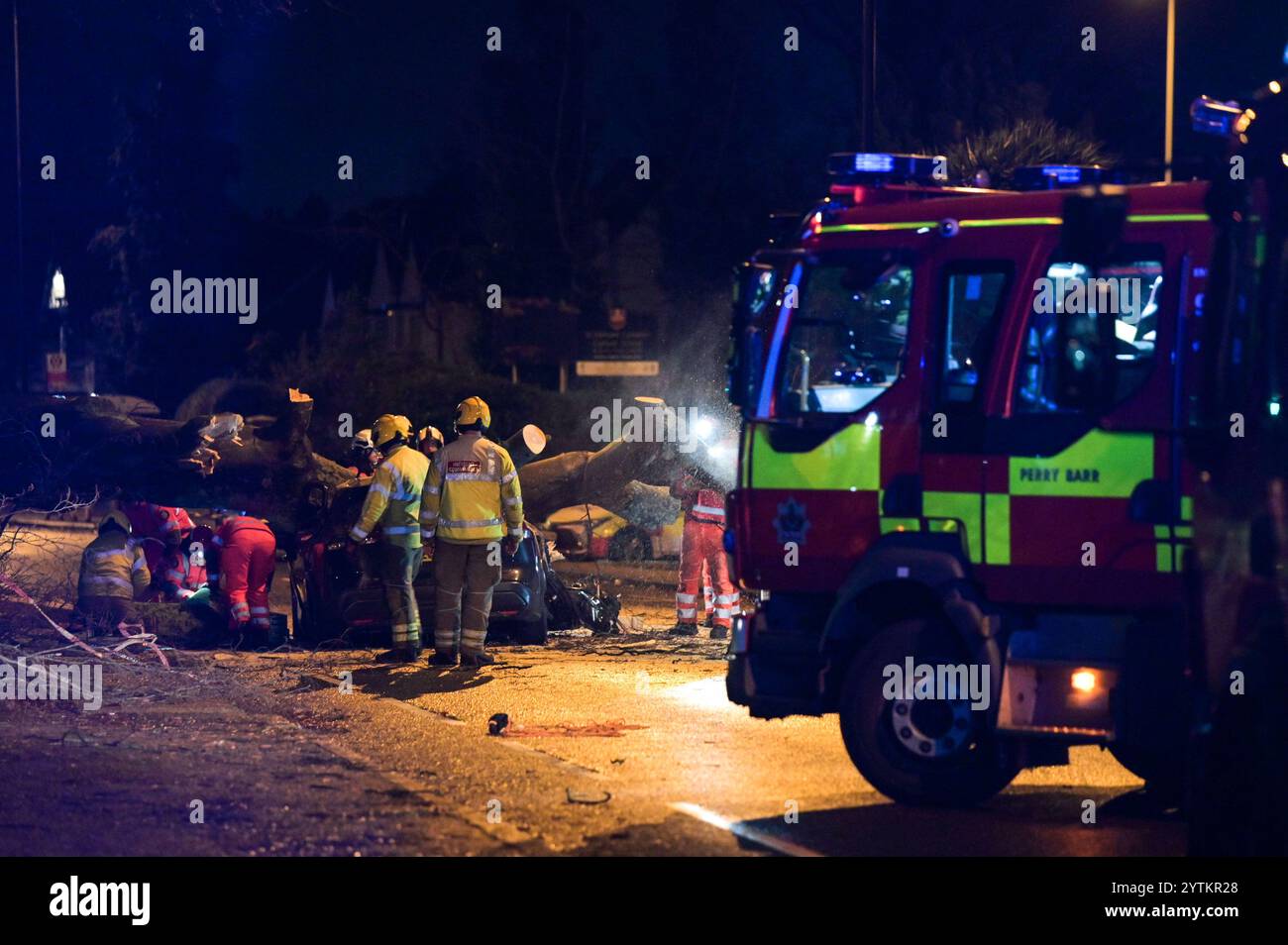 HINWEIS AN REDAKTEURE - Tod durch Polizeibeamten vor Ort bestätigt. - Sutton Road, Erdington, Birmingham 7. Dezember 2024 - Ein Mann starb, nachdem sein Auto von einem Baum getroffen wurde, der am Samstag Nachmittag bei starken Sturm Darragh Winden auf der Sutton Road an der Kreuzung der Silver Birch Road in der Erdington Gegend von Birmingham getroffen wurde. Feuerwehrleute, darunter Mitglieder der USAR und ISAR, Urban/International Search and Rescue, die oft zu großen Katastrophen in Übersee geschickt werden, haben heute Abend den Baum aus dem Fahrzeug geschnitten, um den nicht identifizierten Mann zu retten. Quelle: British News und Media/Alamy Live News Stockfoto