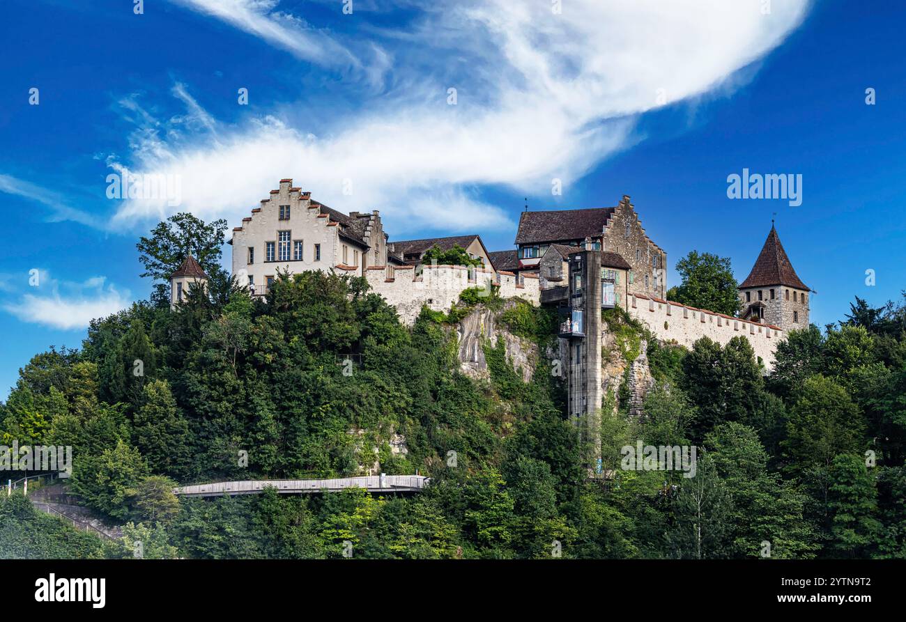Neuhausen am Rheinfall, Schweiz, 8. Juli 2024: Blick auf das Schloss Laufen am Rheinfall, das in der Abendsonne steht. (Foto: Andreas Haas/d Stockfoto