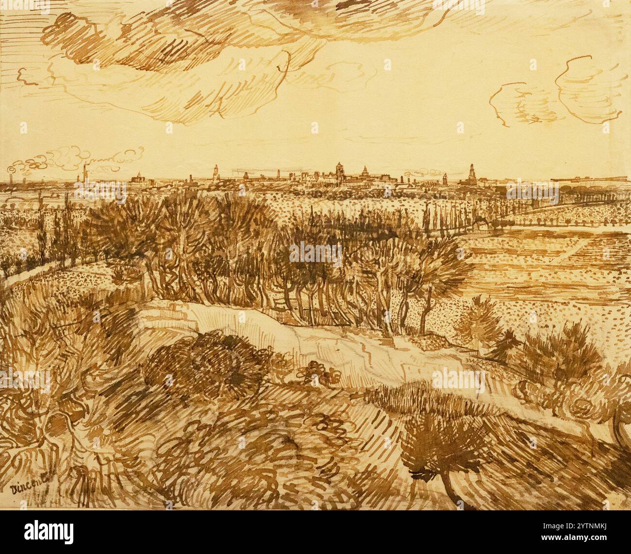 Van Gogh zeichnet „View of Arles from Montmajour“ 1888. Vincent Van Gogh Zeichnung aus dem 19. Jahrhundert Stockfoto