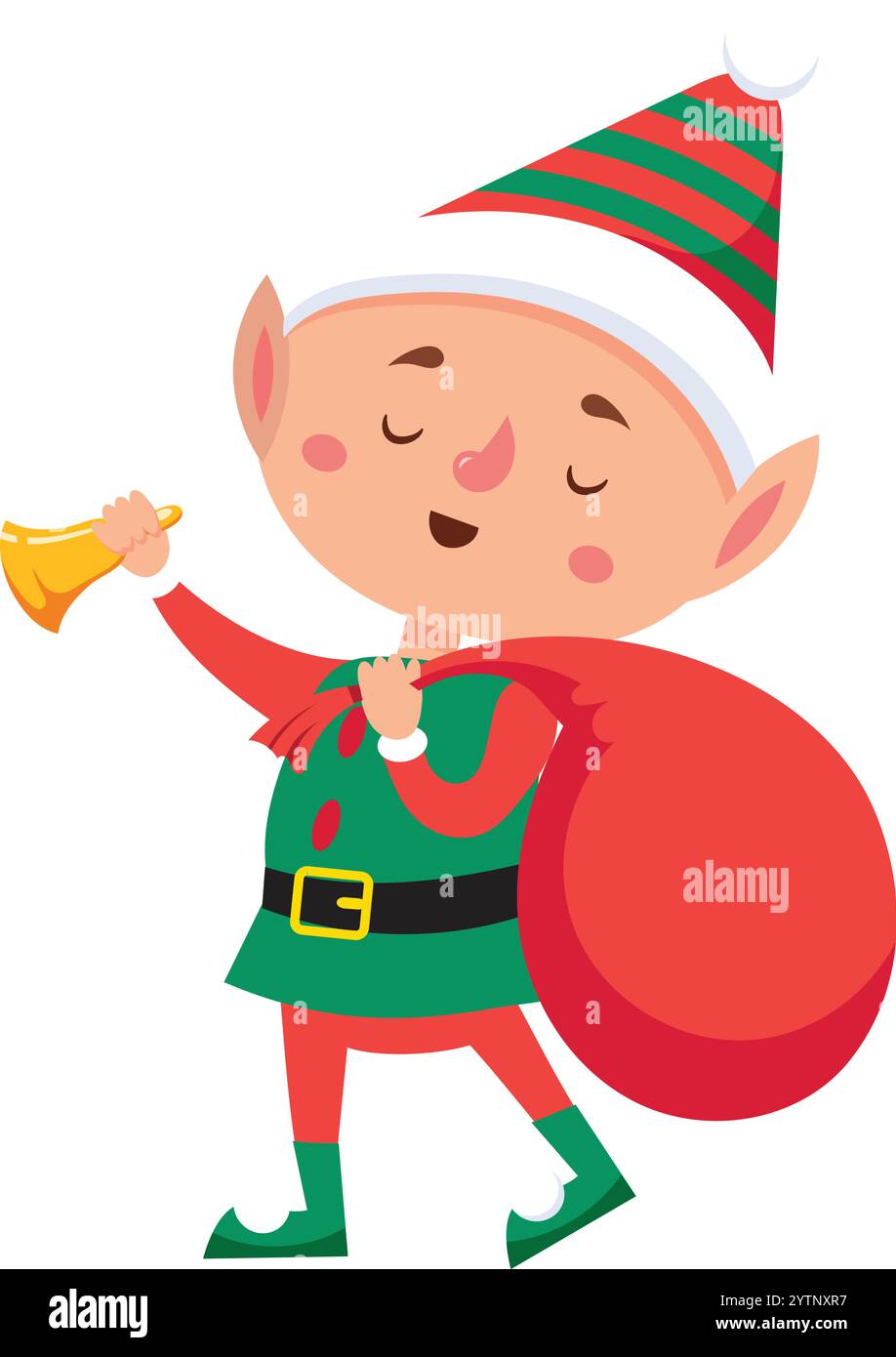 Der Weihnachtself läutet eine goldene Glocke, während er einen großen roten Sack voller weihnachtsgeschenke mit geschlossenen Augen in einem rot-grünen Kostüm trägt Stock Vektor