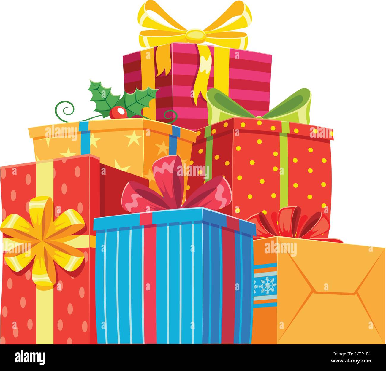 Farbenfrohe weihnachtsgeschenke, verziert mit fröhlichen Bändern, stilvollen Schleifen und festlichen stechpalmenblättern, schaffen einen fröhlichen und einladenden Urlaub Stock Vektor