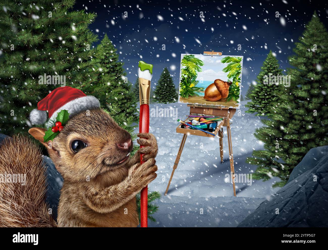 Kreative Fantasie Weihnachtsgruß als Weihnachtsfeier mit einem lustigen Eichhörnchen als Weihnachtshumor als künstlerischer Ausdruck mit verspielter Saisonzeit Stockfoto