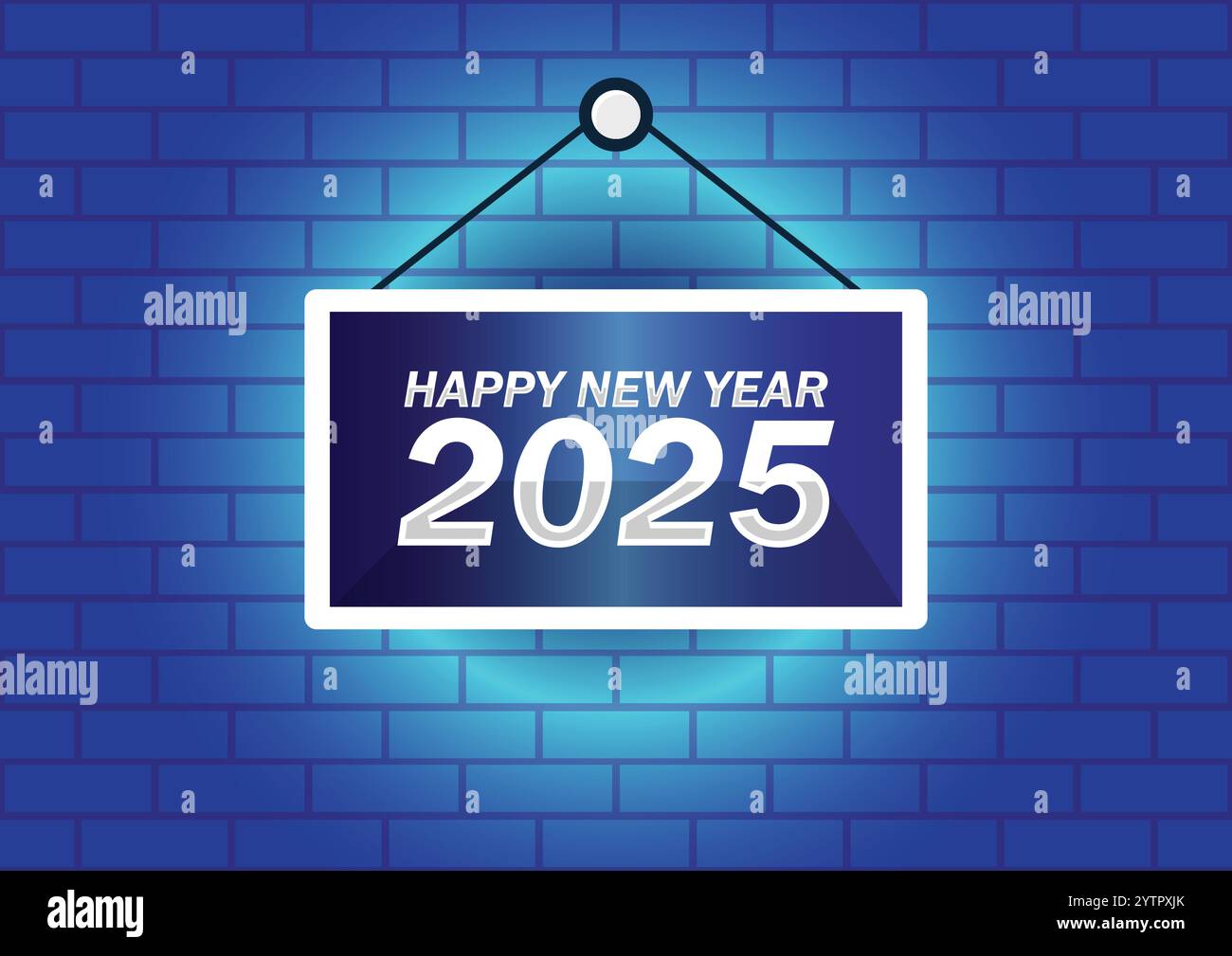 Happy New Year 2025 hängendes Schild auf neonfarbenen Backsteinmauern Hintergrund. Vektorabbildung Stock Vektor