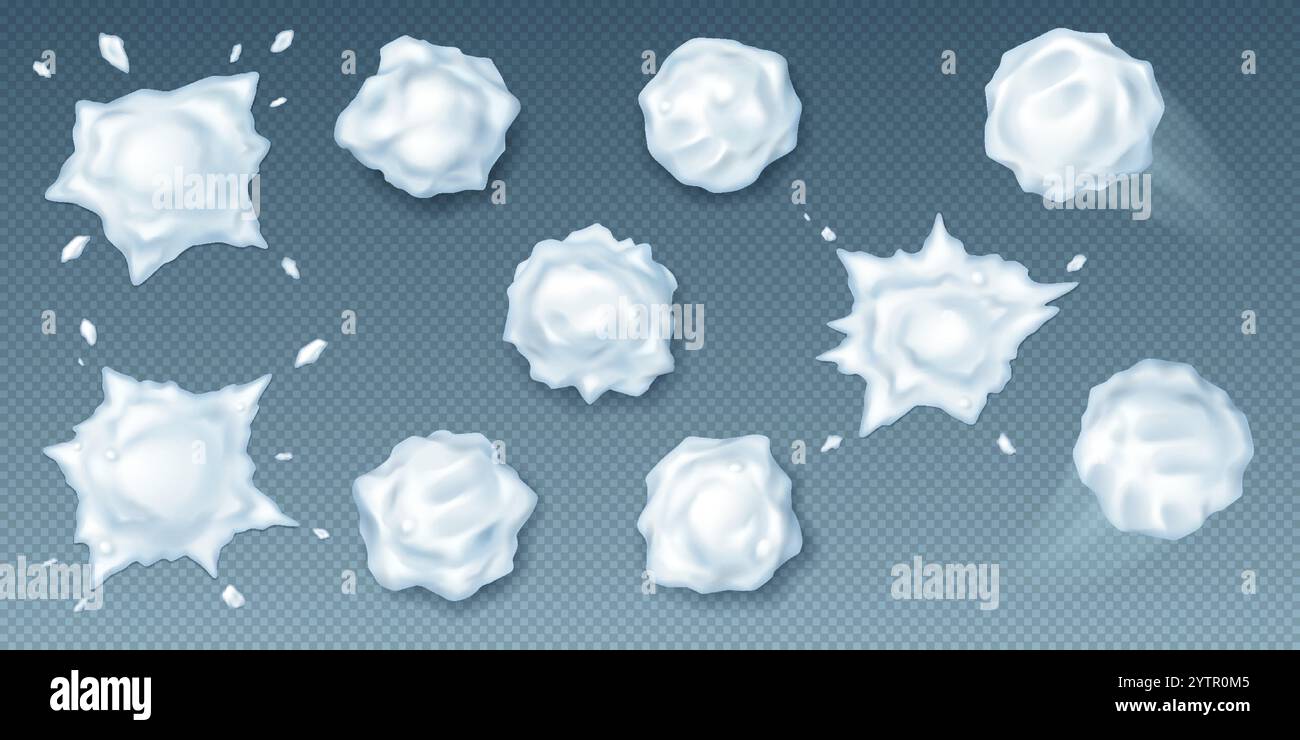Schneebälle und Spritzer realistische Vektorsymbole gesetzt. Schneekugeln für aktives Winterspiel 3D-Objekte bündeln sich auf transparentem Hintergrund Stock Vektor