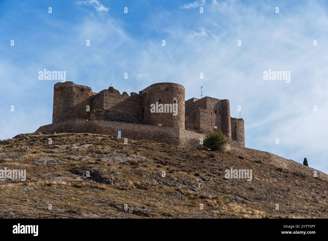 Das Schloss La Muela in Consuegra, Toledo. Eine Ikone von La Mancha. Es war eine Festung der Hospitaller im Mittelalter Stockfoto