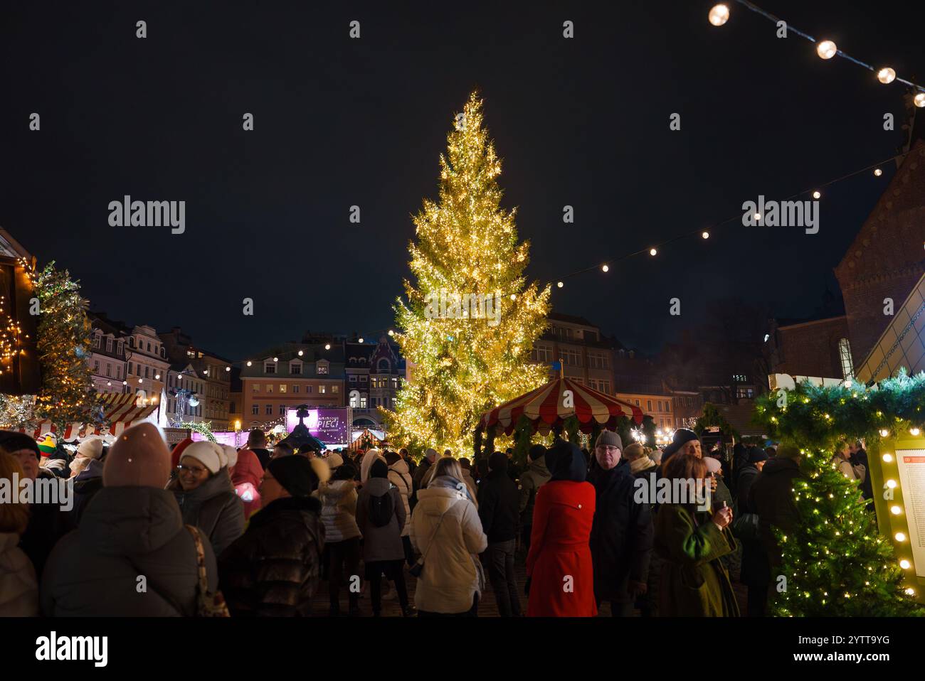 Festlicher Weihnachtsmarkt in der Altstadt von Riga mit beleuchtetem Baum Stockfoto