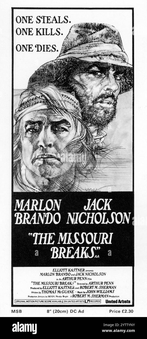 Ad Block mit einer Kunst von BOB PEAK für MARLON BRANDO und JACK NICHOLSON in DEN MISSOURI BREAKS 1976 Regisseur ARTHUR PENN Autor Thomas McGuane Musik John Williams Produzenten Elliott Kastner und Robert M. Sherman Devon / Persky-Bright / United Artists Stockfoto