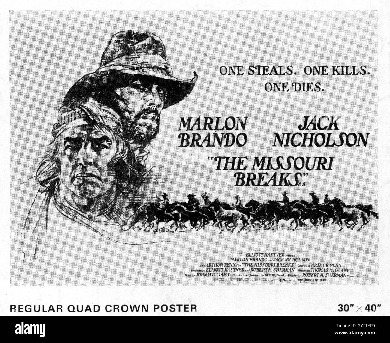 Britisches Quad Poster mit Kunst von BOB PEAK für MARLON BRANDO und JACK NICHOLSON in DEN MISSOURI BREAKS 1976 Regisseur ARTHUR PENN Autor Thomas McGuane Musik John Williams Produzenten Elliott Kastner und Robert M. Sherman Devon / Persky-Bright / United Artists Stockfoto