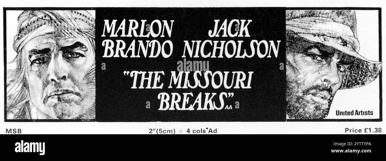 Ad Block mit einer Kunst von BOB PEAK für MARLON BRANDO und JACK NICHOLSON in DEN MISSOURI BREAKS 1976 Regisseur ARTHUR PENN Autor Thomas McGuane Musik John Williams Produzenten Elliott Kastner und Robert M. Sherman Devon / Persky-Bright / United Artists Stockfoto