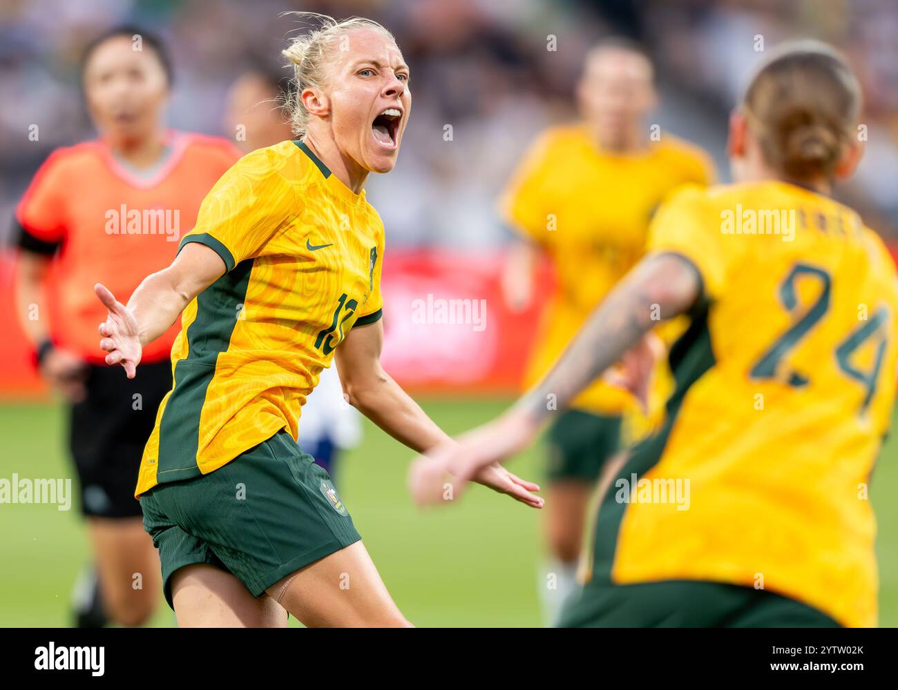 Tameka Yallop aus Australien feierte, nachdem er während des Spiels gegen die Matildas gegen Chinesisch Taipeh ein Tor erzielte. Abschiedsspiel für die australische Clare Polkinghorne. Endpunktzahl Australien 6 – Chinesisches Taipeh 0. Stockfoto