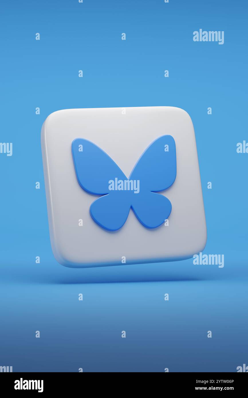 Buenos Aires, Argentinien - 18. November 2024: BlueSky-Logo in drei Dimensionen isoliert auf blauem Hintergrund. 3D-Abbildung. Stockfoto